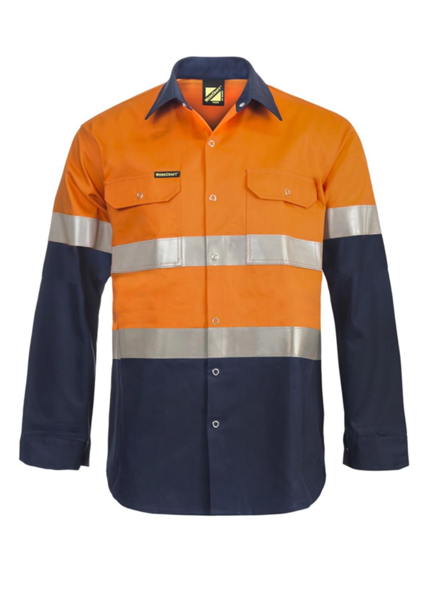 Picture of WorkCraft HI VIS LONG SLEEVE COTTON DRILL REFLECTIVE SHIRT WITH PRESS STUDS